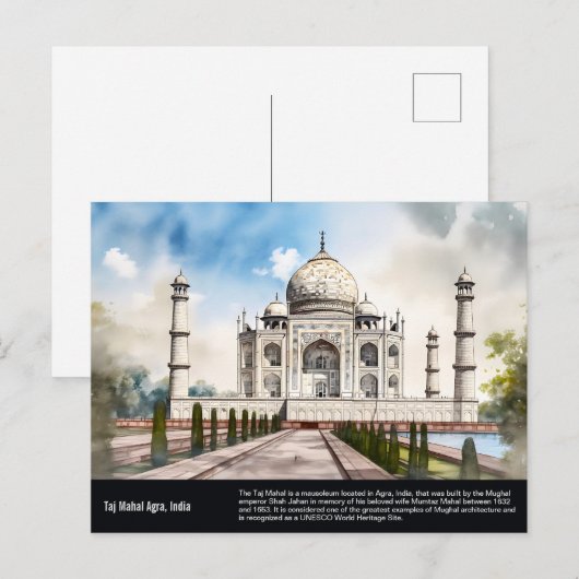 Taj Mahal Agra India Travel Waterverf Painting Briefkaart (Voorkant / Achterkant)