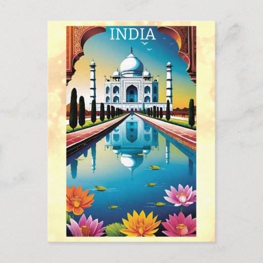 Taj Mahal Agra India Waterverf Lotus Floral Briefkaart (Voorkant)