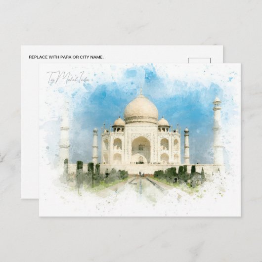  Taj Mahal, India Reizen waterverf retro Briefkaart (Voorkant / Achterkant)