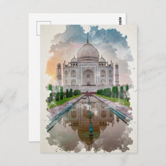 Taj Mahal India Waterverf Art Briefkaart (Voorkant / Achterkant)