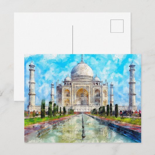 Taj Mahal, India waterverf briefkaart (Voorkant / Achterkant)