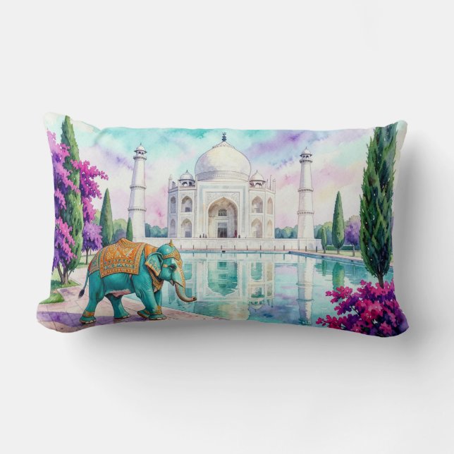 Taj Mahal & Olifant Waterverf Kussen (Voorkant)