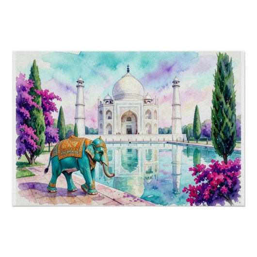 Taj Mahal & Olifant Waterverf Perfect Poster (Voorkant)