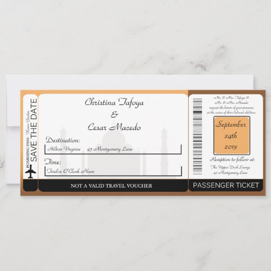 Taj Mahal Sunset Boarding Pass Wedding Invitation Kaart (Voorkant)
