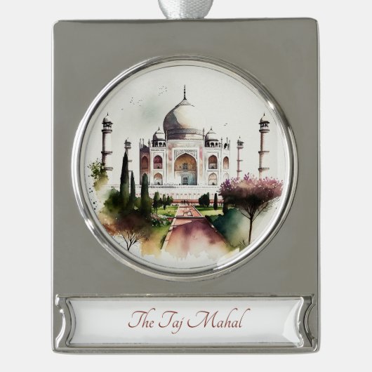 Taj Mahal Travel Art Waterverf Ornament Verzilverd Banner Ornament (Voorkant)