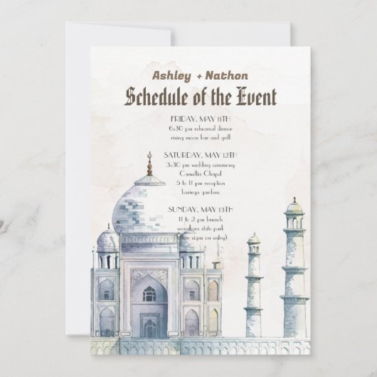 Taj Mahal Typologie Waterverf bruiloft Kaart (Voorkant)