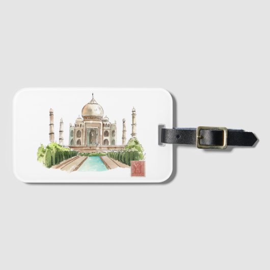 Taj Mahal Waterverf Art Print Iconische Indiase De Bagagelabel (Voorkant (horizontaal))
