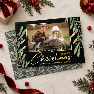 Tak en bessen op Zwarte Kerst Foto Goud Folie Feestdagenkaart