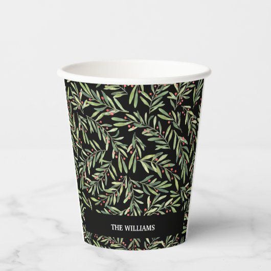 Tak en bessen op zwarte kerstvakantie papieren bekers (Voorkant)