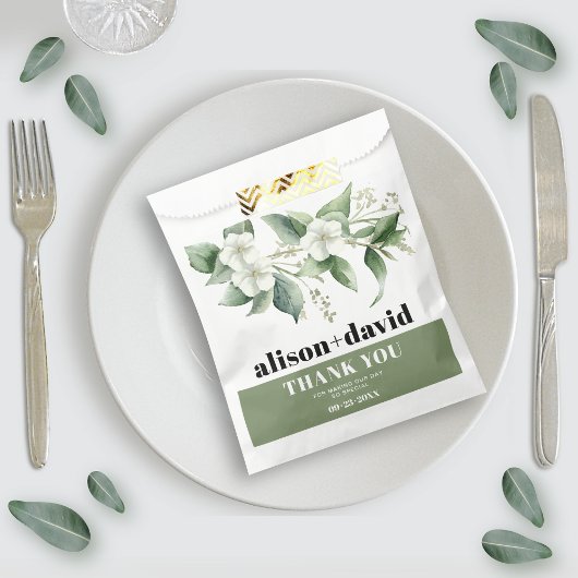 Tak, groen witte bloemen typografie bruiloft bedankzakje