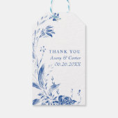 Tak met blauwe en witte bloemen bruiloft cadeaulabel (Achterkant)