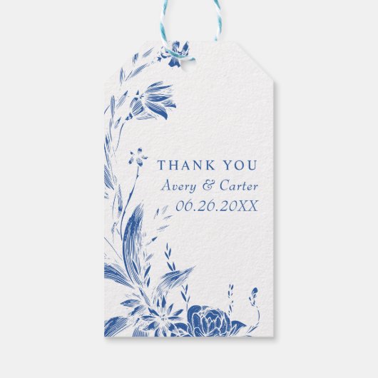 Tak met blauwe en witte bloemen bruiloft cadeaulabel (Achterkant)