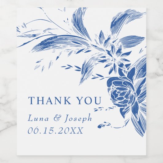 Tak met blauwe en witte bloemen bruiloft wijn etiket (Enkel label)