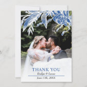 Tak met blauwe en witte bloemen trouwfoto bedankkaart (Voorkant)
