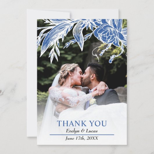 Tak met blauwe en witte bloemen trouwfoto bedankkaart (Voorkant)