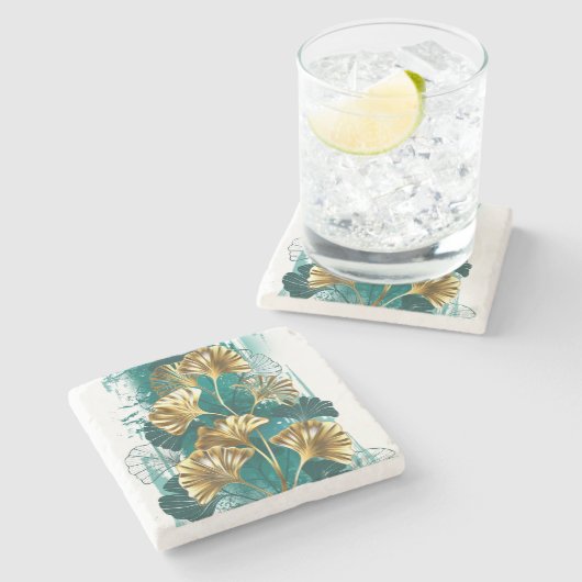 Tak met gouden bladeren Ginko Biloba Stenen Onderzetter (Zijkant)