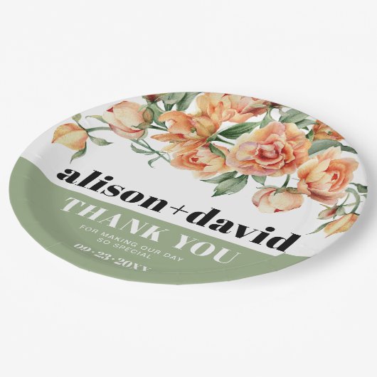 Tak met perzik roos bloemenbruiloft papieren bordje (Gekanteld)