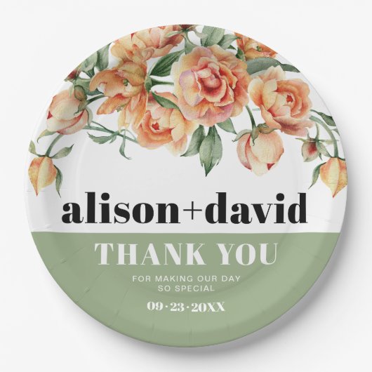 Tak met perzik roos bloemenbruiloft papieren bordje (Voorkant)