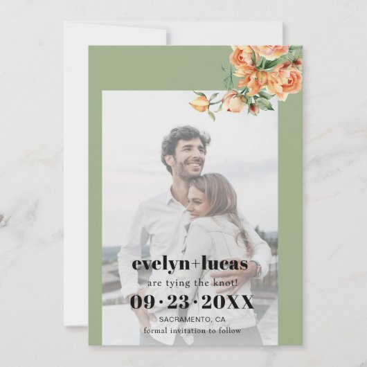 Tak met perzik rozen bloemenfoto bruiloft save the date (Voorkant)