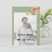 Tak met perzik rozen bloemenfoto bruiloft save the date (Staand voorkant)