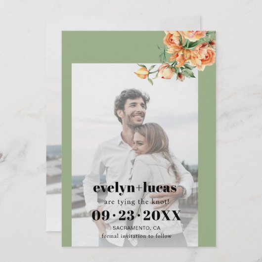 Tak met perzik rozen bloemenfoto bruiloft save the date (Voorkant / Achterkant)