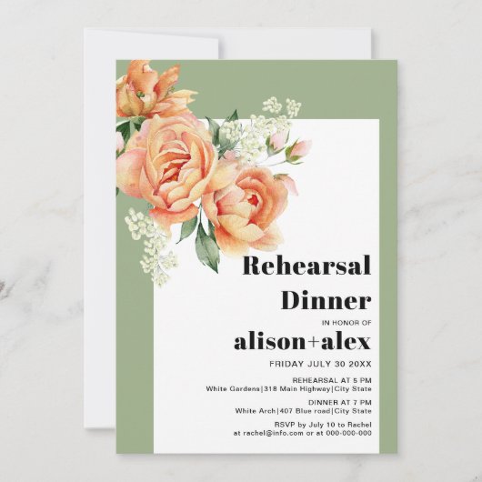 Tak met perzik rozen bruiloft repetitie diner kaart (Voorkant)