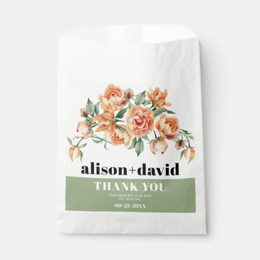Tak met perzik rozen en bladeren bloemenbruiloft bedankzakje (Voorkant)