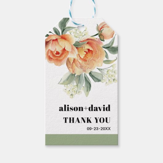 Tak met perzik rozen en typografie bruiloft cadeaulabel (Voorkant)