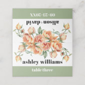 Tak met perzik rozen salie groene bloemenbruiloft plaatskaartje (Buitenkant ongevouwen)