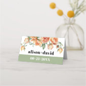 Tak met perzik rozen salie groene bloemenbruiloft plaatskaartje (Achterkant)