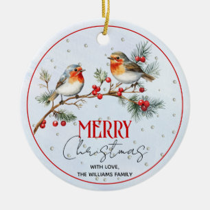 Tak met roodborst vogels, bessen Kerst foto Keramisch Ornament