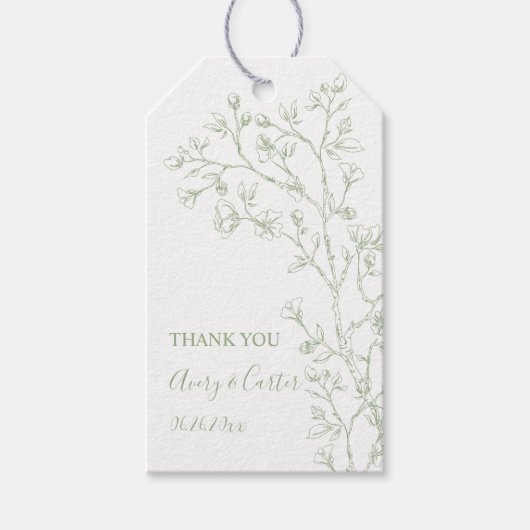 Tak met salie groene bloesems monochrome bruiloft cadeaulabel (Voorkant)
