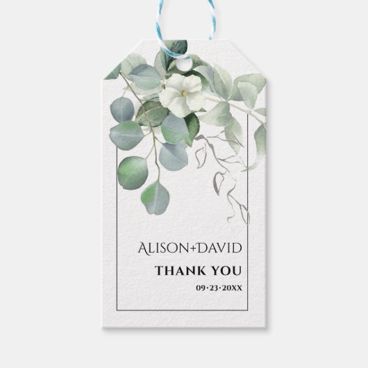 Tak met witte bloemen typografie bruiloft cadeaulabel (Voorkant)
