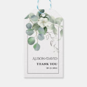 Tak met witte bloemen typografie bruiloft cadeaulabel (Achterkant)