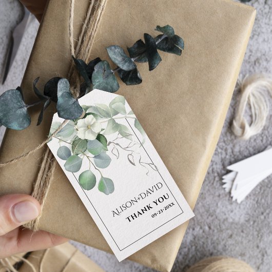 Tak met witte bloemen typografie bruiloft cadeaulabel