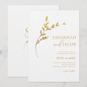 Tak Minimalistische Witte en Gouden Bladeren Trouw Kaart (Voorkant / Achterkant)