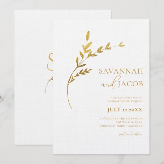 Tak Minimalistische Witte en Gouden Bladeren Trouw Kaart (Voorkant / Achterkant)