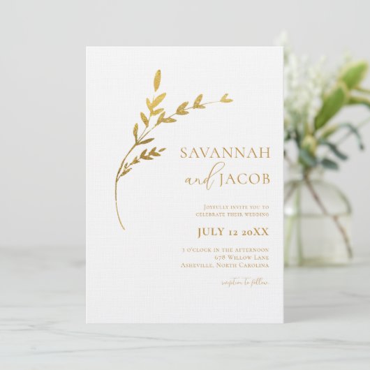Tak Minimalistische Witte en Gouden Bladeren Trouw Kaart (Staand voorkant)