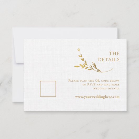 Tak minimalistische witte en gouden bruiloft behui RSVP kaartje (Voorkant)