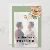 Tak, perzik rozen, witte bloemen foto bruiloft bedankkaart (Voorkant)