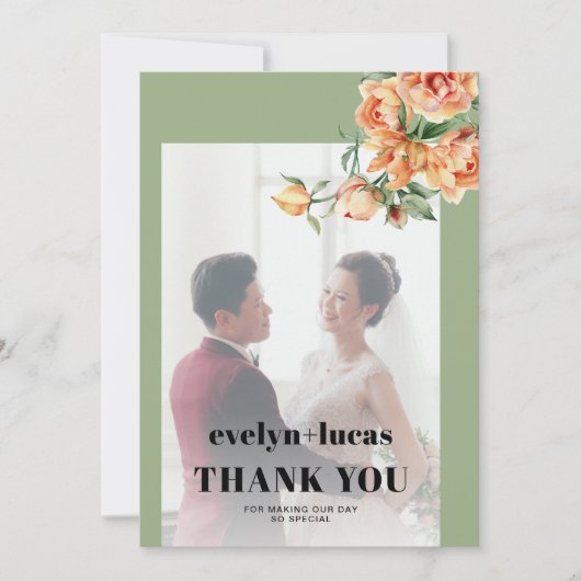 Tak, perzik rozen, witte bloemen foto bruiloft bedankkaart (Voorkant)