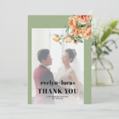 Tak, perzik rozen, witte bloemen foto bruiloft bedankkaart (Staand voorkant)