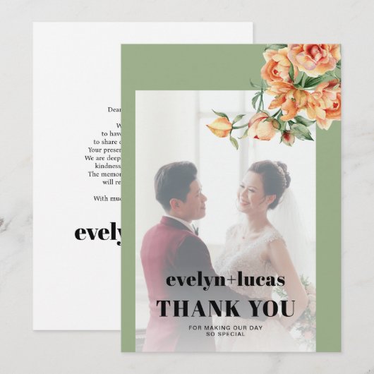 Tak, perzik rozen, witte bloemen foto bruiloft bedankkaart (Voorkant / Achterkant)