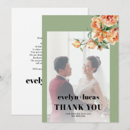 Tak, perzik rozen, witte bloemen foto bruiloft bedankkaart