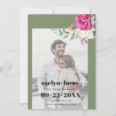 Tak roze roos en witte bloemen foto bruiloft save the date (Voorkant)