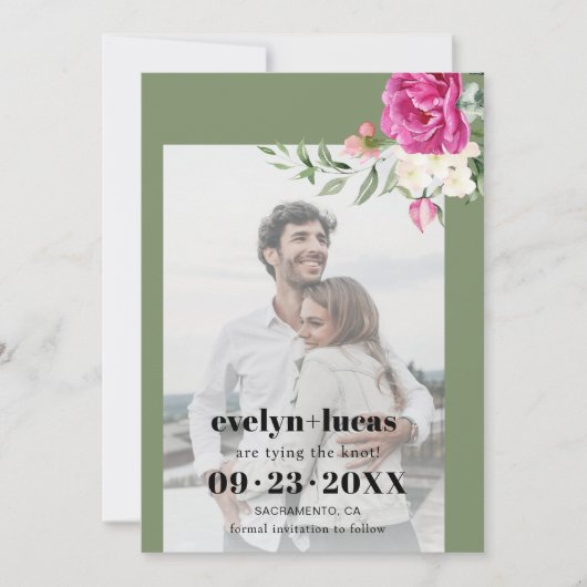 Tak roze roos en witte bloemen foto bruiloft save the date (Voorkant)