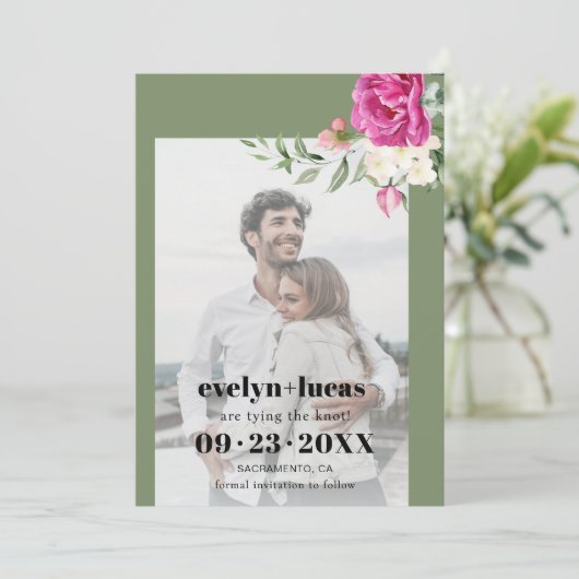 Tak roze roos en witte bloemen foto bruiloft save the date (Staand voorkant)