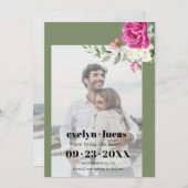 Tak roze roos en witte bloemen foto bruiloft save the date (Voorkant / Achterkant)