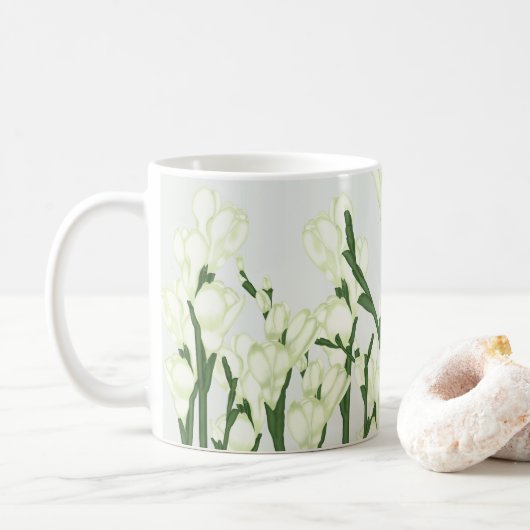 Tak van witte Freesia. Koffiemok (Met donut)