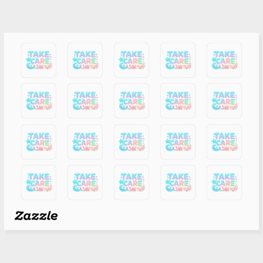Take Care Pastel Ocean Glossy Text Vierkante Sticker (Vel)